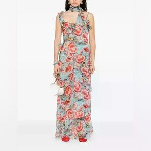 SIEDRES BNWT Monica Ruffle Floral Asymmetrical Dress Blue + Pink